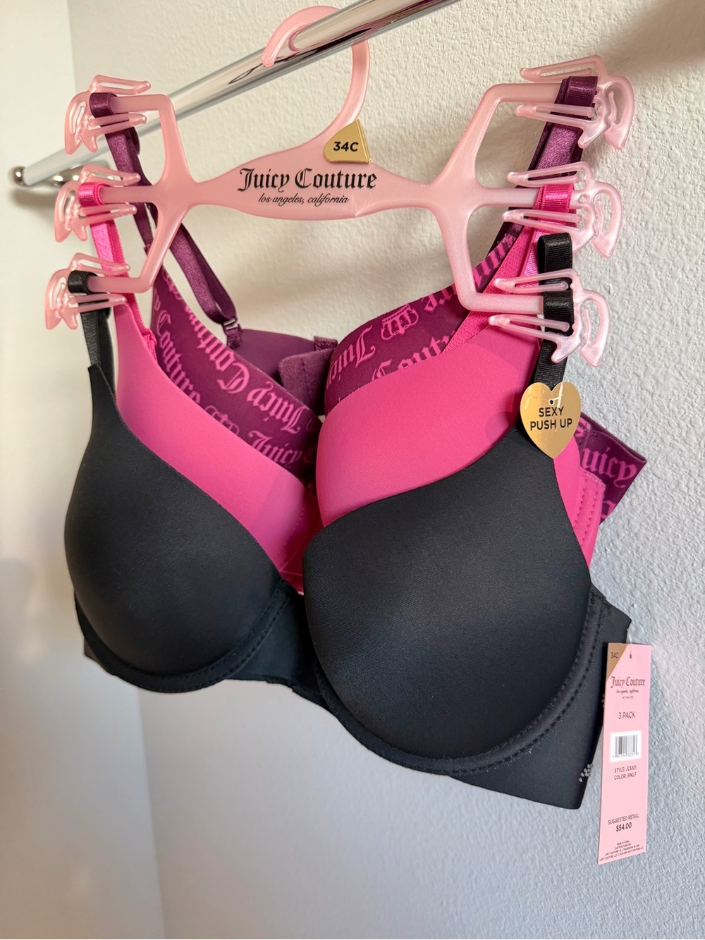 Juicy Couture Women's Black & Pink Push-Up Bra(3piece)